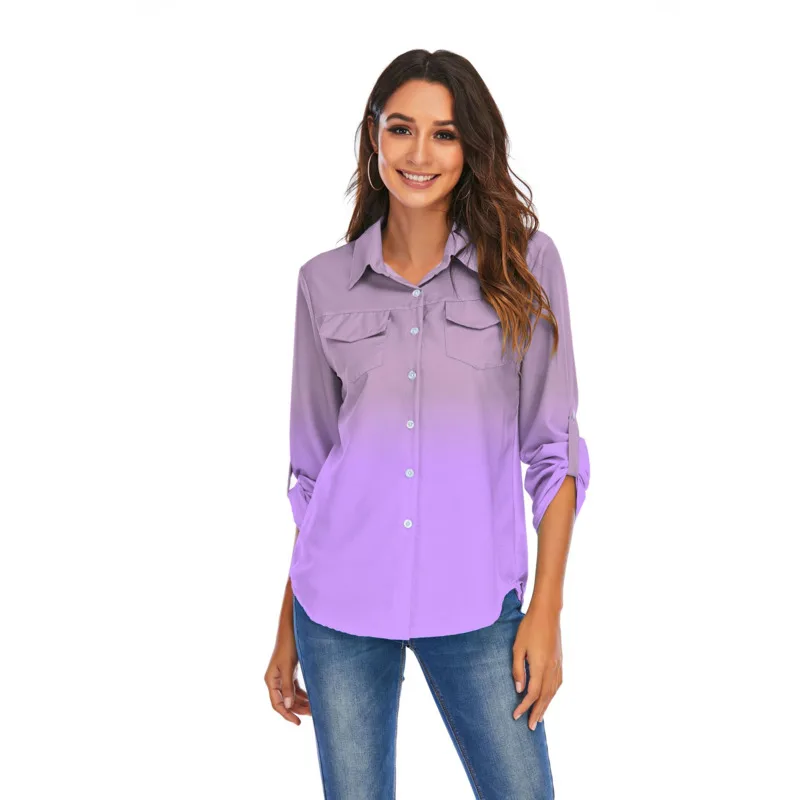 

2021 Autumn Summer Casual Blouse Women Top And Blouse Women Shirt Long Sleeve Blue Solid Turn-down Collar Chiffon Blouse Shirt