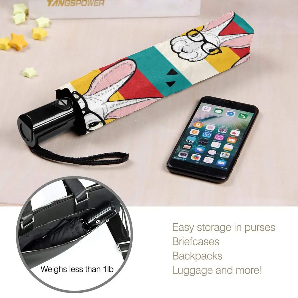 

Colorful Stripes And White Rabbits Windproof Automatic Folding Inverted Umbrella Portable Paraguas for Man Woman