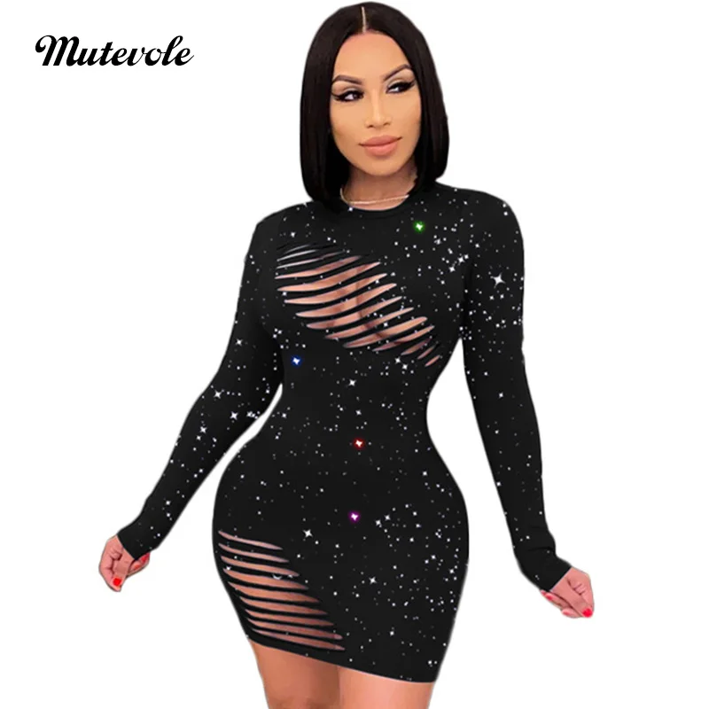 

Mutevole Women Sexy Hollow Out Short Mini Dress Party Wear Long Sleeve O Neck Plus Size Club Dresses