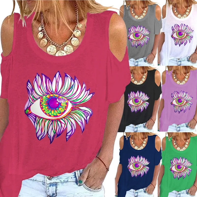 

Women's Summer Fashion Color Printing Round Neck Short-sleeved T-shirt Casual Off-shoulder Shirt Loose Solid Color Plus Size Top