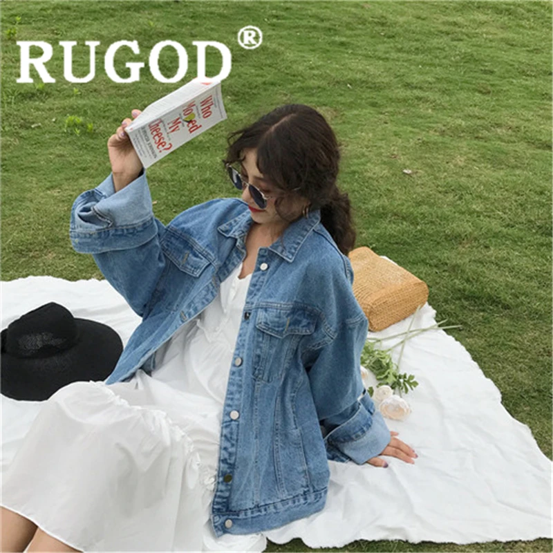 RUGOD Женские однотонные синие базовые джинсовые куртки винтажный отложной воротник тонкий плюс размер джинсовое пальто осенний Модный женский топ