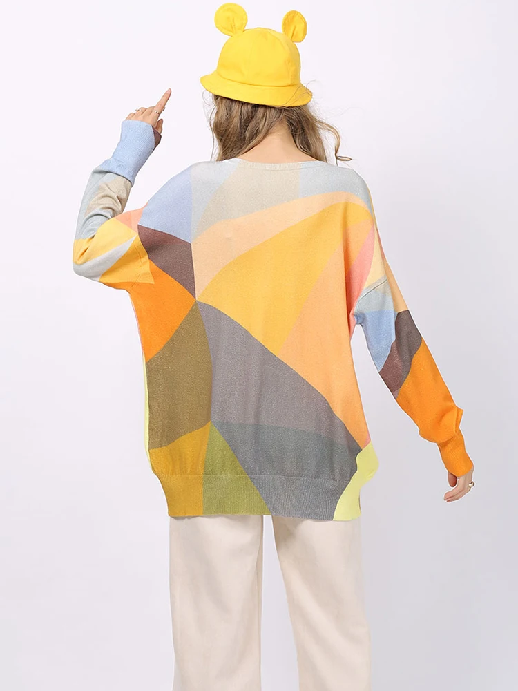 

2020 Casual Loose Patchwork Print Sweater For Women Winter Knitted Oversized Pullover Warm Long Sleeves O-Neck Pull Femme Jumper