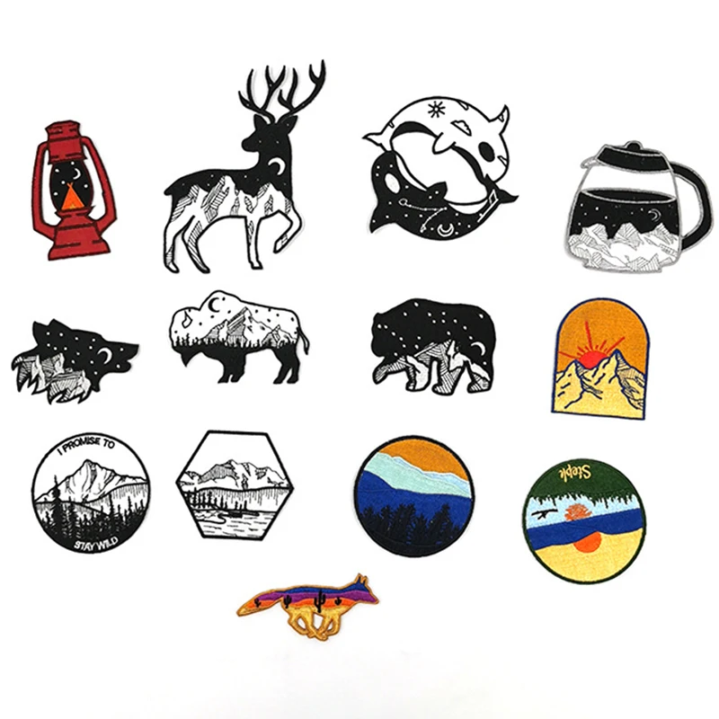 

Silhouette landscape Bear Deer Dolphin Embroidered Patches 3D Diy Natural Sun Rise and Sunset Patches for Clothes Hat Bags Decor