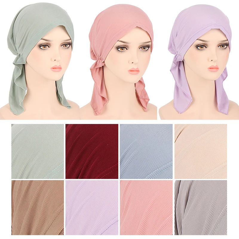 

Western Style Chemotherapy Breathable Comfortable Hat Solid Color Pinstriped Turban Two-tail Elastic Women's Muslim Headdress