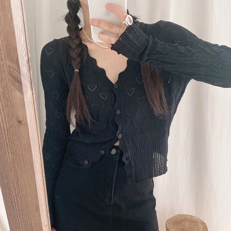 

ONALIPPA Cardigan Women Korean Chic Autumn Sweet Wave Edge V-neck Love Hollow Solid Loose Thin Long-sleeved Knitted Sweater