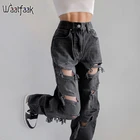 Женские рваные джинсы с вырезами Waatfaak, уличная одежда с высокой талией, черные мешковатые джинсы в стиле 90-х, брюки в стиле хиппи, джинсы-карго, Egirl