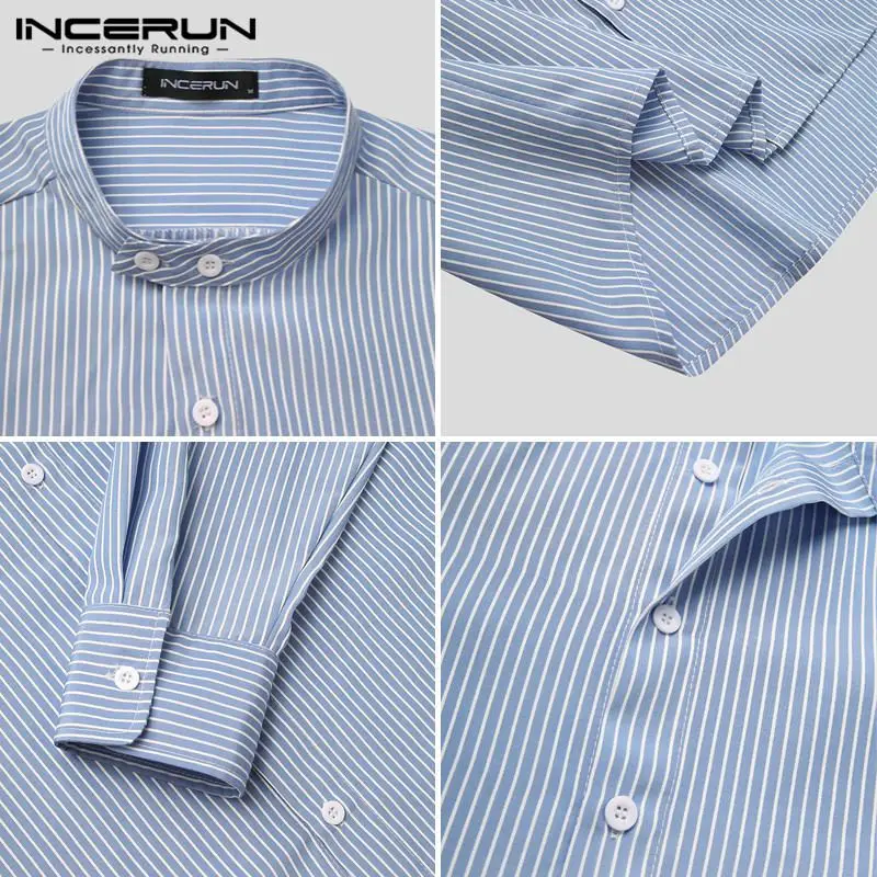 

2021 Fashion Striped Long Sleeve Korean Style Men Shirts INCERUN Stand Collar Button Blouse Spring Leisure Button Chemise S-5XL