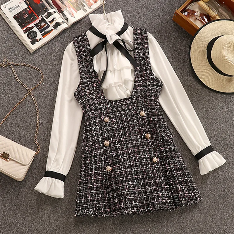

2020 Autumn Winter 2 Piece Set Overalls Dress Women Elegant Ruffles Chiffon Bow Shirt Top+Double Breasted Plaid Tweed Vest Dress