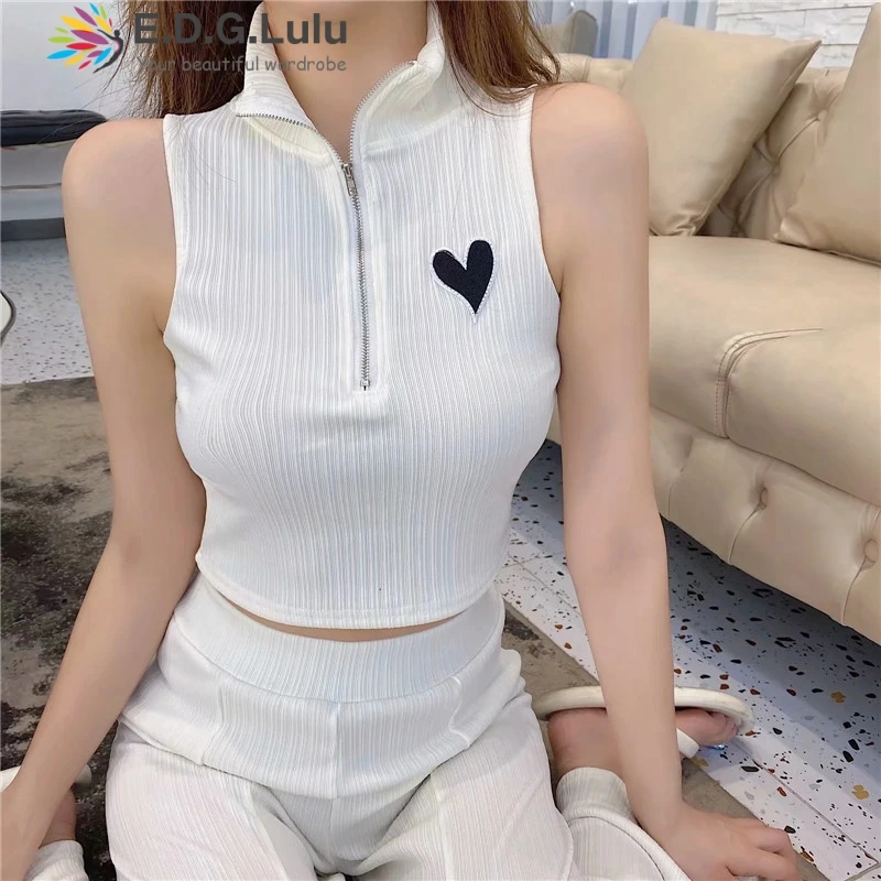 

EDGLuLu New Solid Turn-down Collar Sleeveless Crop Top +long Wide-leg Pants White Black Two Piece Set Women Top And Pants 0714