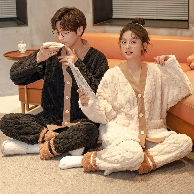 Couple Pajamas Coral Velvet Autumn and Winter Thickened Plush Men's and Women's Lovely Warm Home Set  Fashion Pajamas for Women