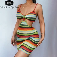 newasia stripe knitted dress cut out bodycon spaghetti strap backless v neck mini dress sexy vestido summer dress for women 2021