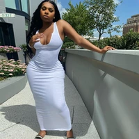 solid rib knitted maxi dress women 2021 spring see through dresses femme white bodycon basic stretched sexy long dress