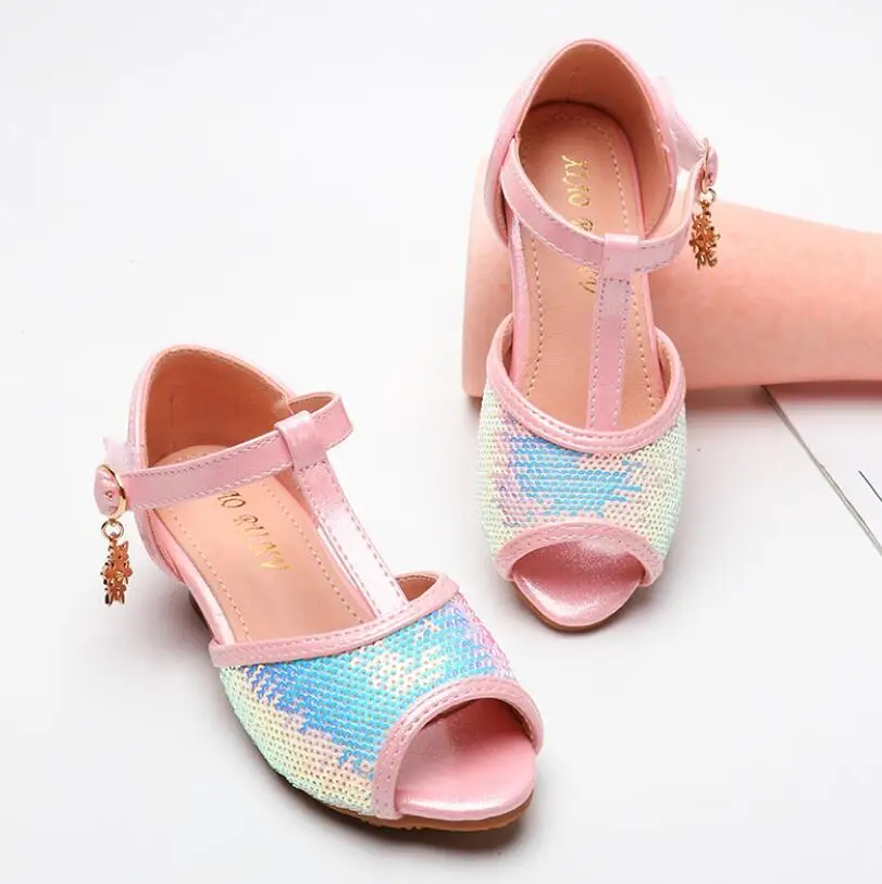 Вечерние кожаные сандалии принцессы для девочек со стразами и блестками детская