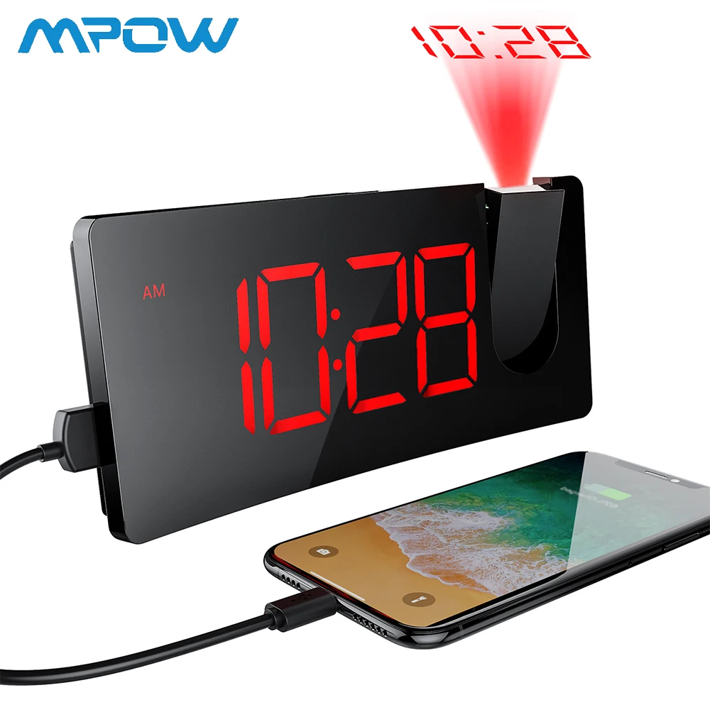Mpow Многофункциональный светодиодный Проекционные часы 5-ти дюймовый изогнутый-Экран 3 уровня Дисплей Яркость зарядка через usb Порты и разъёмы цифровые часы-будильник