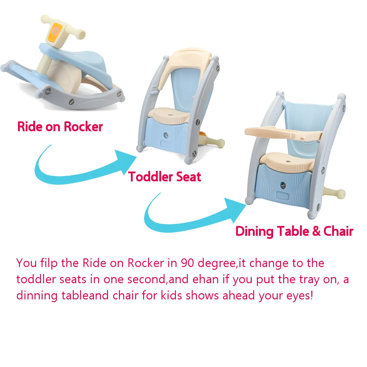 

Multifunction Rocking Horse Kids Rocking Chairs 3 in 1 Portable Baby Dining Table Chair Trojans Toys with Music for 2-4Y Baby