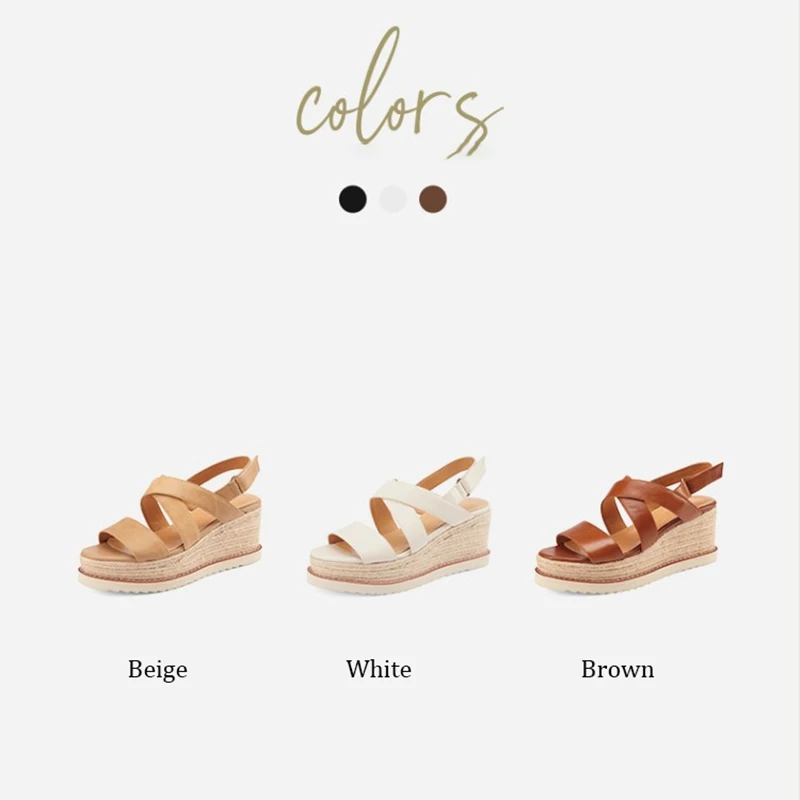 

2021 Fashion Straw Genuine Leather Platform Sandals Women 7CM Pop Styles Two Straps Cross Soft Outsole Casual High Heel Shoes