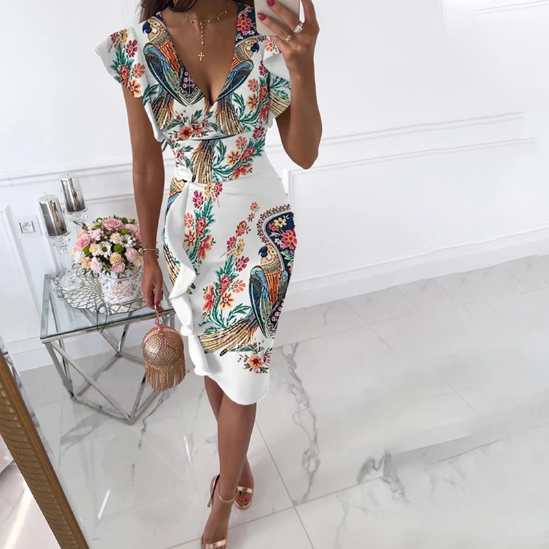 

Women Floral Print Midi Dress Fashion Plus Size Ruffles Sleeve V-neck Slim Vintage Dresses Elegant Bodycon Party Dress Vestidos