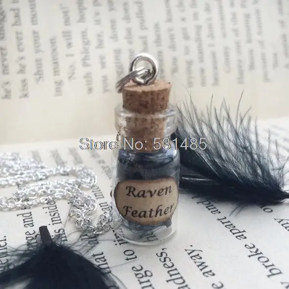

12pcs/lot Black Raven Feather Bottle Necklace Pendant silver tone jewelry