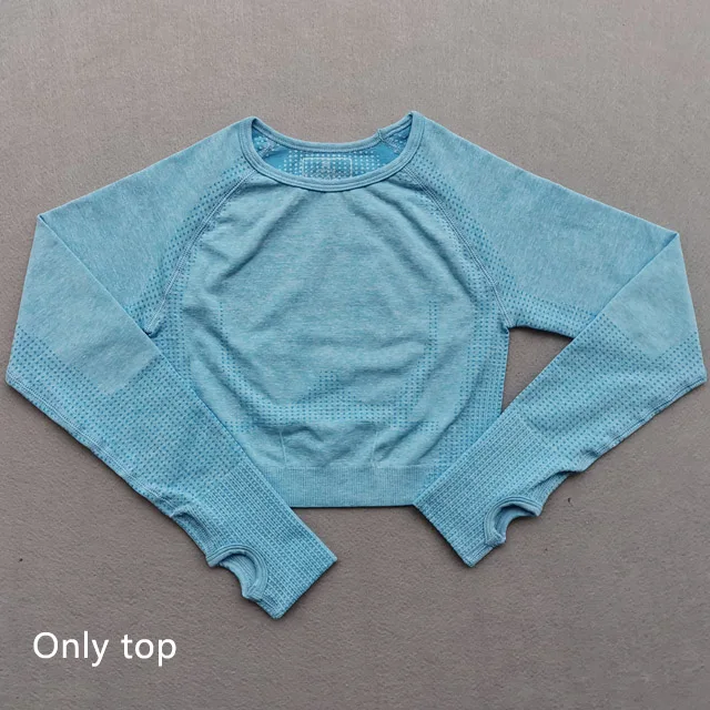 Blue top Женский бесшовный комплект для йоги, одежда для фитнеса, спортивная одежда, женские леггинсы для спортзала, леггинсы с эффектом пуш-ап, укороченные рубашки, спортивные костюмы - Цвет: Blue top