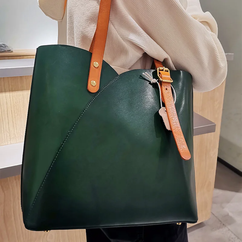 

New fashion women's bag simple one Shoulder Satchel large capacity vegetable tanned leather portable fashion One Shoulder Tote