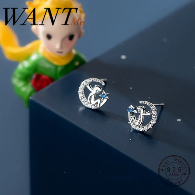 Женские сережки гвоздики WANTME из настоящего серебра 925 пробы с синим цирконием