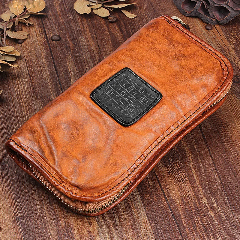 Cowhide long wallet, retro pleated multi-card pocket wallet, men's leather large-capacity zipper wallet