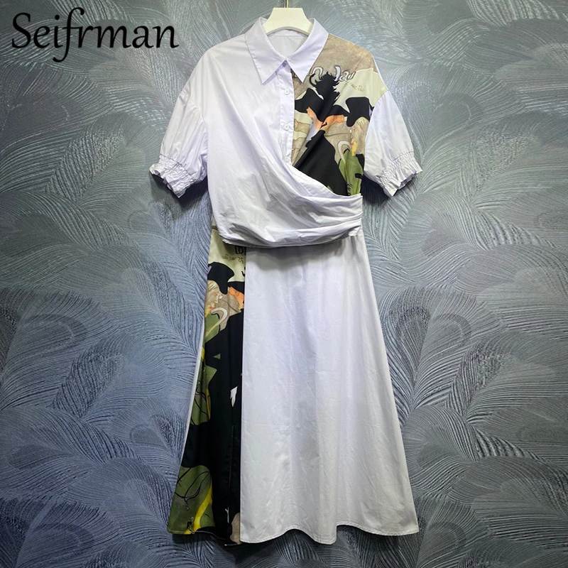 

Seifrmann Summer Women Fashion Runway Skirt Set Lantern Sleeve Short Tops+High Waist A-Line Skirts Cotton 2 Two Pieces Suit 2021