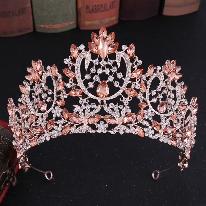 Rose Gold Pink Европейский барокко сверкающий кристалл большая свадебная тиара Корона Стразы диадема Couronne De Mariage свадебные аксессуары для волос - Окраска металла: Rose Gold Pink