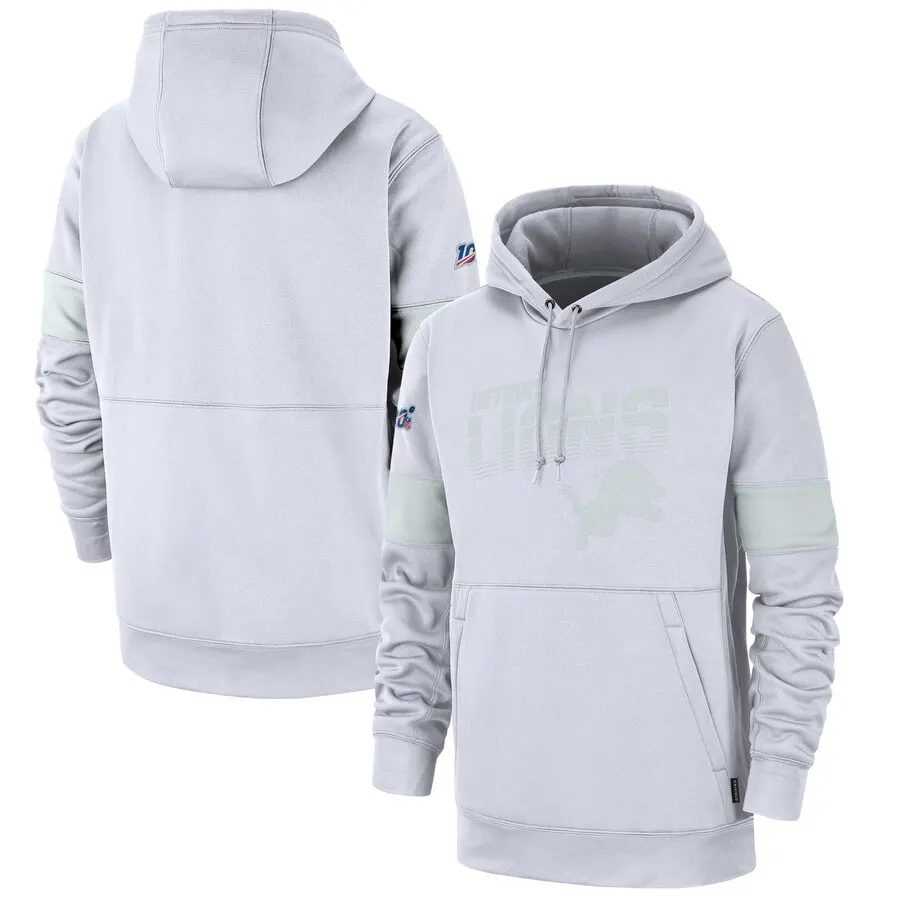 

Men Detroit 100th Sideline Platinum Lions White Therma Pullover Hoodie