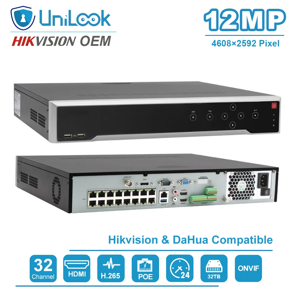 Günstig UniLook 32CH NVR POE Hikvision OEM DS-7732NI-I4/16P Netzwerk Video Recoder CCTV System Max Unterstützung 12MP Auflösung H.265 + P2P