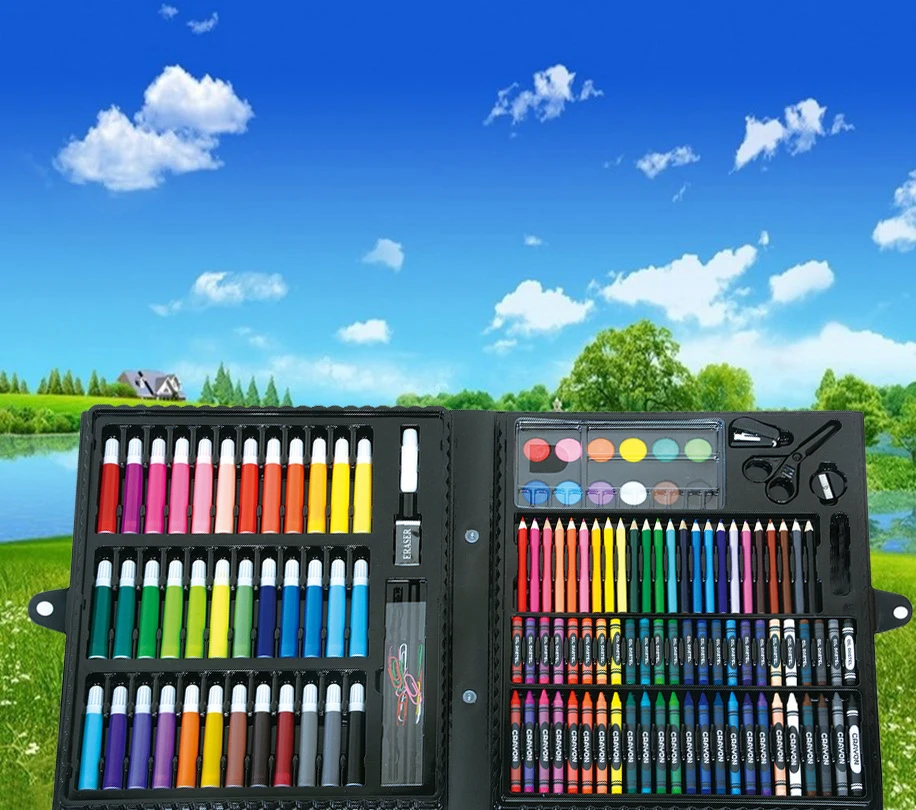 

Children drawing watercolor pen, students learn painting special pen, crayon, color lead, oil painting stick