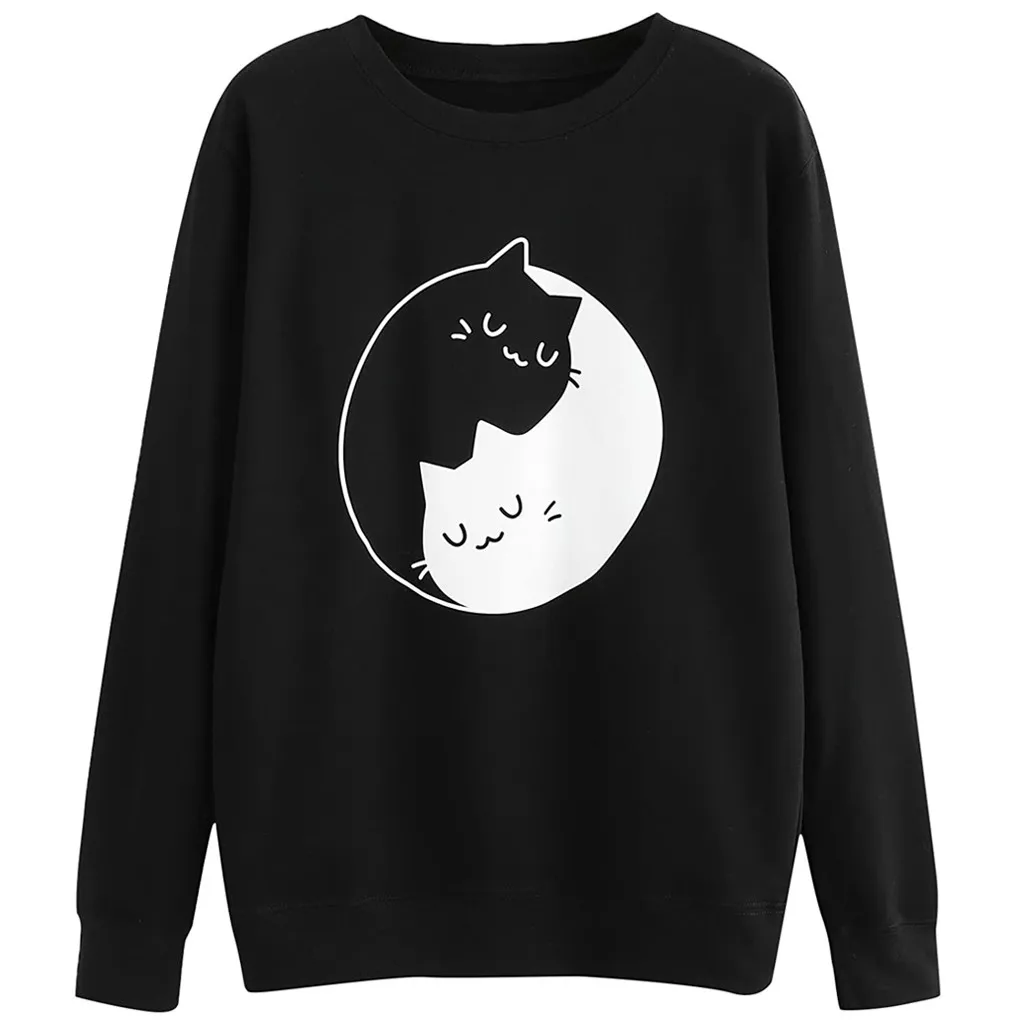 Женская модная рубашка с длинным рукавом и круглым воротником принтом кошки