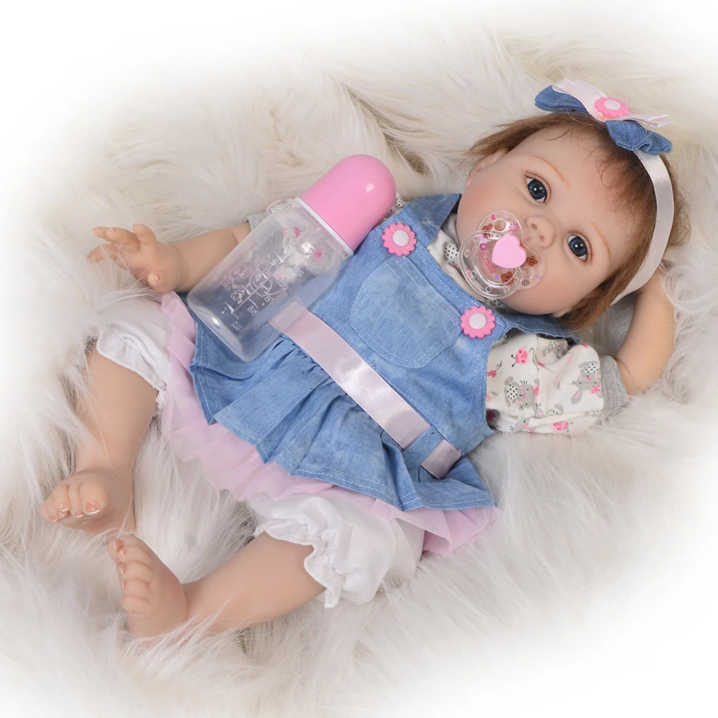 

Realistic Baby Reborn Doll with Hair, Clothes, Nursing Bottle and Magnet Pacifier, Eco-friendly Silicone 22 Inch, White Skin