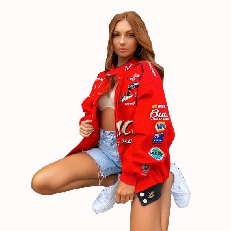 

Красная Женская куртка-бомбер на молнии с принтом 2021, гоночные куртки с длинным рукавом, винтажная Спортивная стильная женская куртка