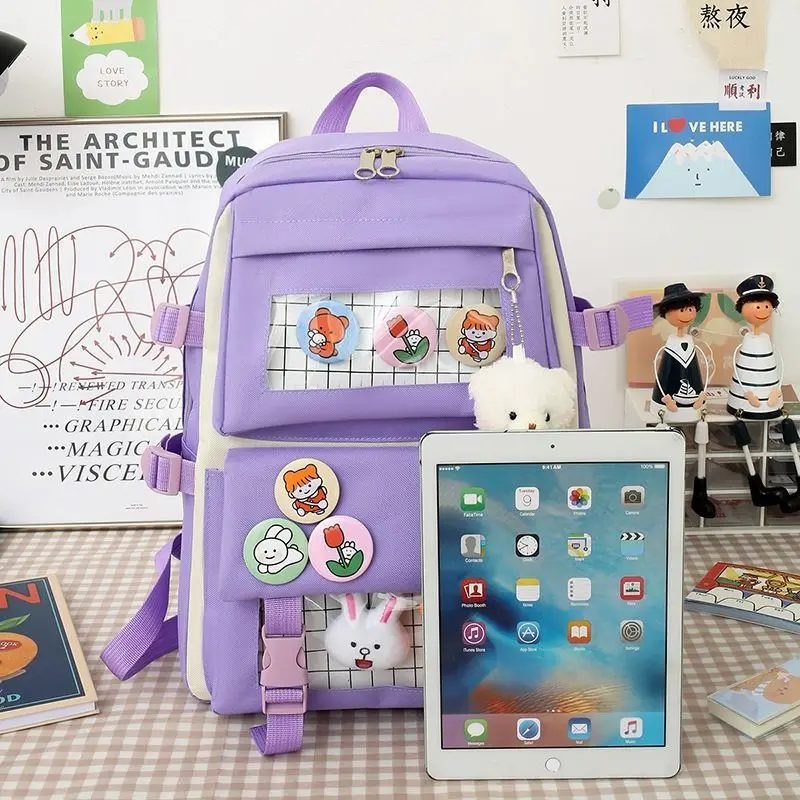 4 Pcs Sets Canvas Schoolbag Female Korean Elementary School Students Fashion Junior High School Large Capacity 5 Backpacks