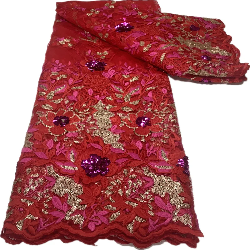 6 Colors (5 Yards/Pcs) Latest Red African Lace High Quality 3D Sequins Applique Embroidered French Net Fabric For Sewing Clothes