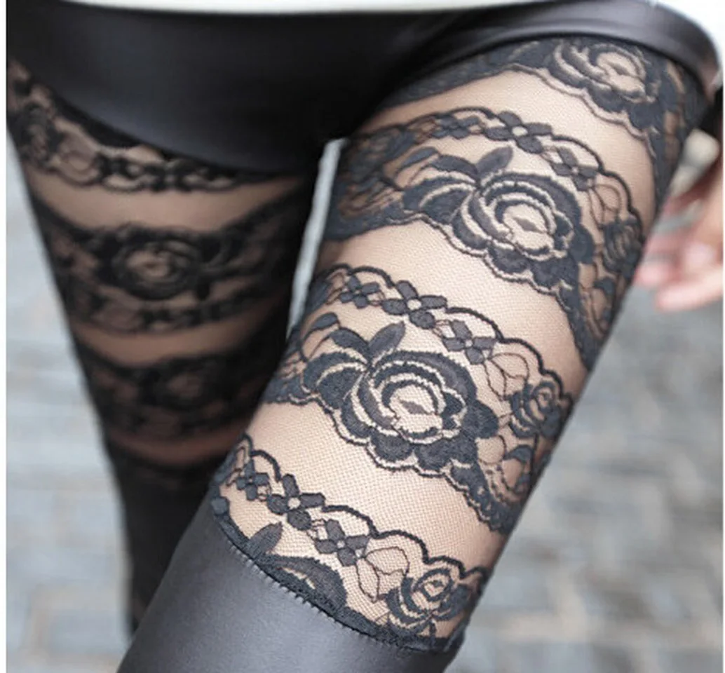 

Hot Style Fashion Solid Imitation Leather Stitching Cross Stripe Leggings Lace Hollow Sexy Trousers Office Slim Pants Women