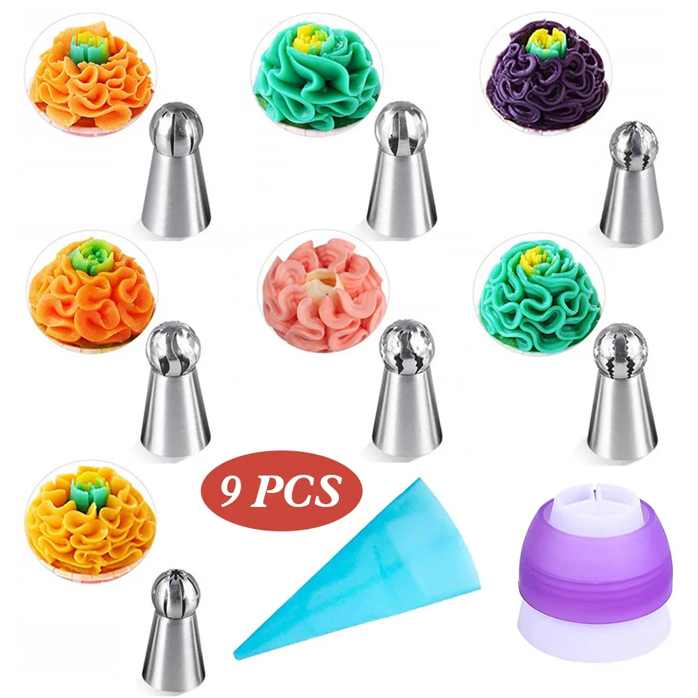 

9pcs Cake Decorating Kit Piping Tips Silicone Icing Bags Nozzles Cream Scrapers Coupler Set DIY Cake Decorating Tools