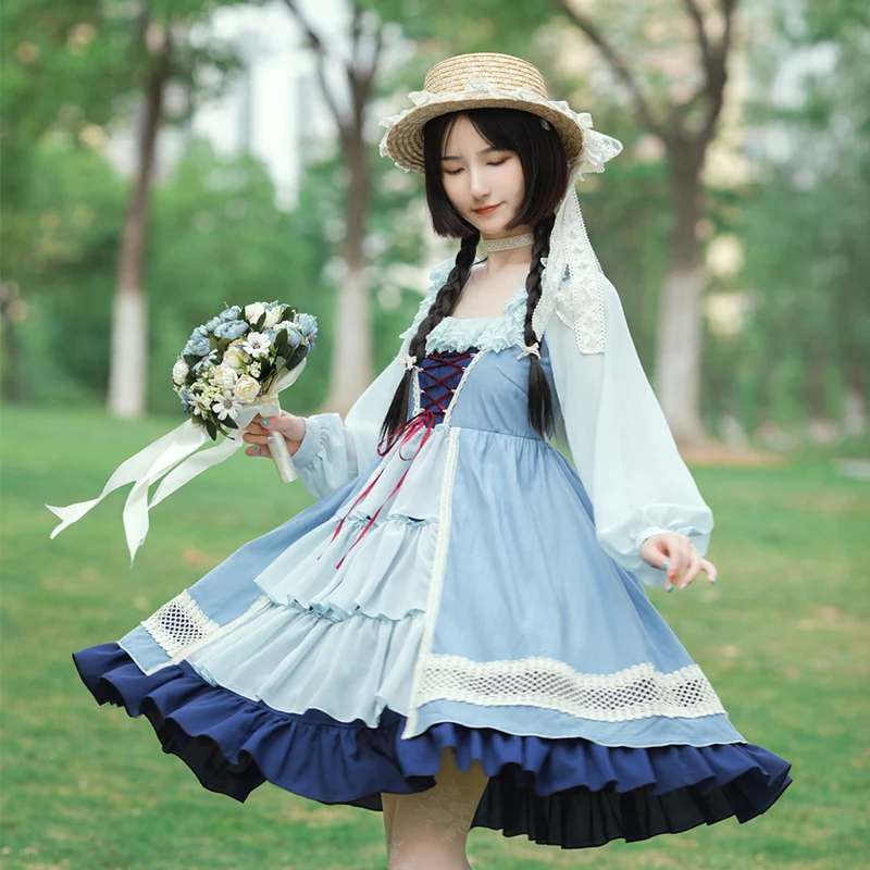 Японское платье сладкой Лолиты винтажное в стиле преппи с высокой талией милое