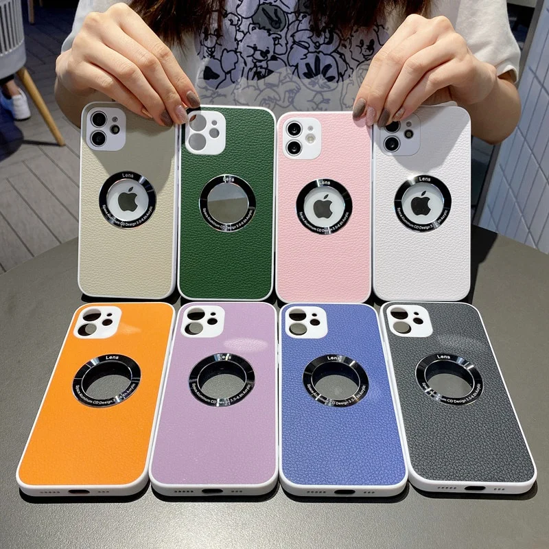 

For iPhone 12 Pro Mini Max Leather Metal Ring Hollow Clear Phone Case For iPhone 11 Pro Max Shockproof Back Cover