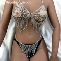 sexy womens tassel rhinestone body jewelry luxury shiny crystal bikini bra and thong nightclub party jewelry accessories