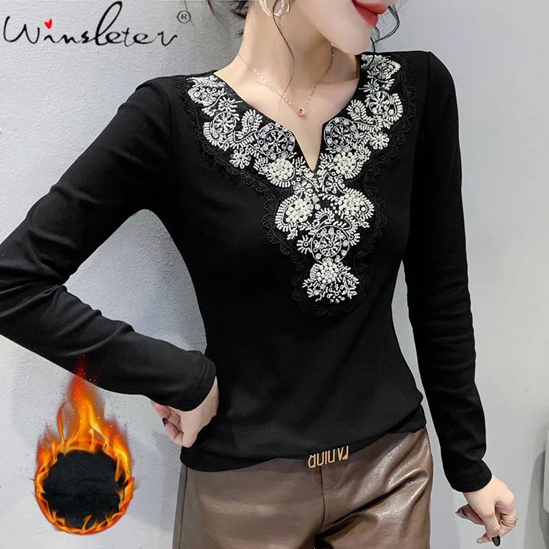 

Женская зимняя хлопковая Футболка с V-образным вырезом и вышивкой