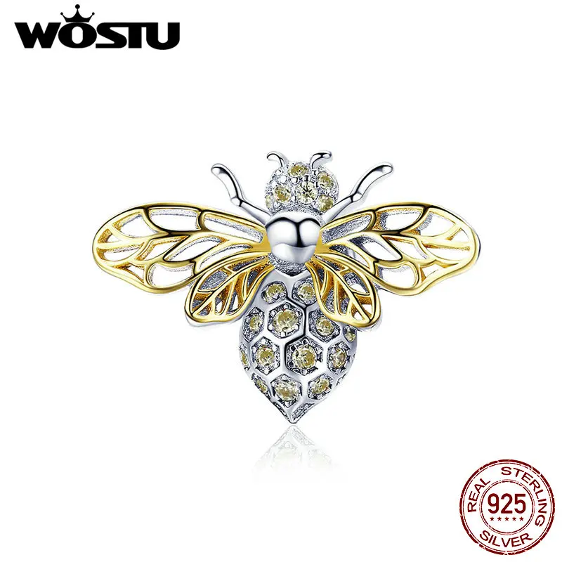 WOSTU, 925 пробы, серебро, весна, животное, пчела, шарм, золото, CZ, бисер, подходит для оригинального браслета, подвеска, амулеты, изготовление ювелирных изделий CTC067