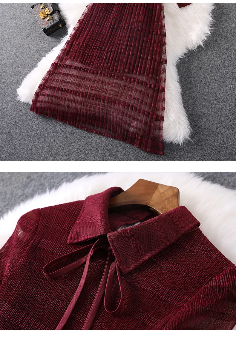 

2020 New Spring And Summer Women's Dress Long-sleeved Mesh Yarn Lace Dress Retro Was Thin Elastic Stretch Knee Knee Fairy Dress