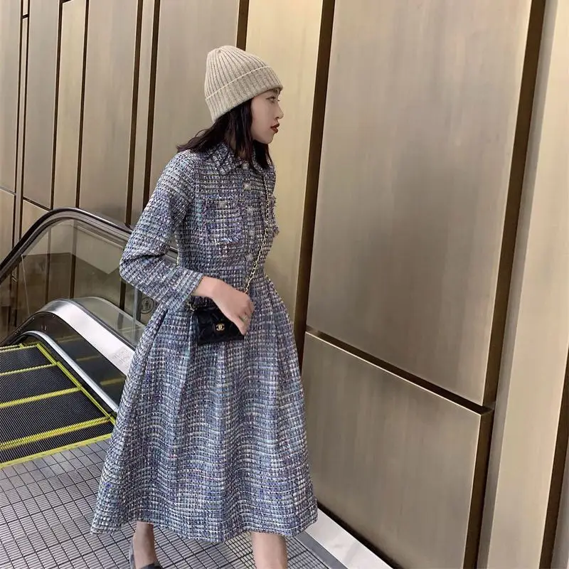 

Women autumn winter tweed dress single breasted shirt turn down collar fit and flare thick plaid long sleeve dresses blue 2019
