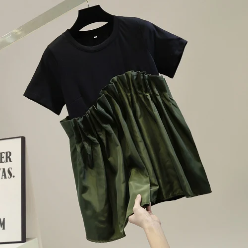 

Tees Women Korean Style Irregular Pleated Stitching Contrast Color Short Sleeve T-shirt 2021 Spring New Retro Female Top