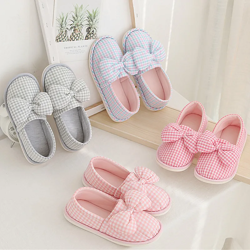 

Mntrerm 2021 Big bow home shoes plaid pattern shoes home slipper warm indoor shoes Lovely Ladies Home Floor Soft Women Slippers