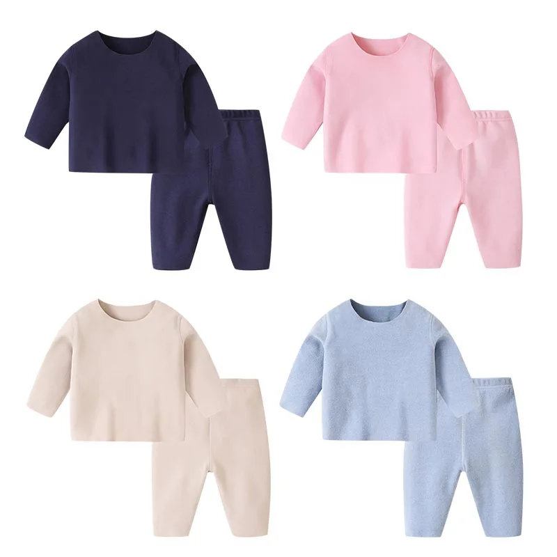 

Детская бесшовная Пижама с круглым вырезом, Топ с длинным рукавом и брюки, Детский Повседневный костюм, однотонный комплект из 2 предметов д...