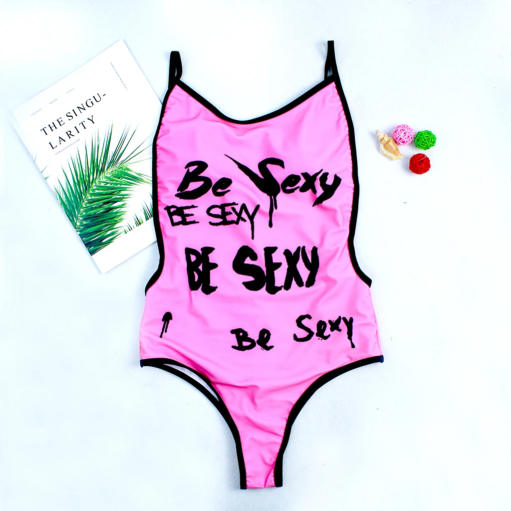 Женский слитный купальник с буквенным принтом Сплошной розовый в стиле ретро для