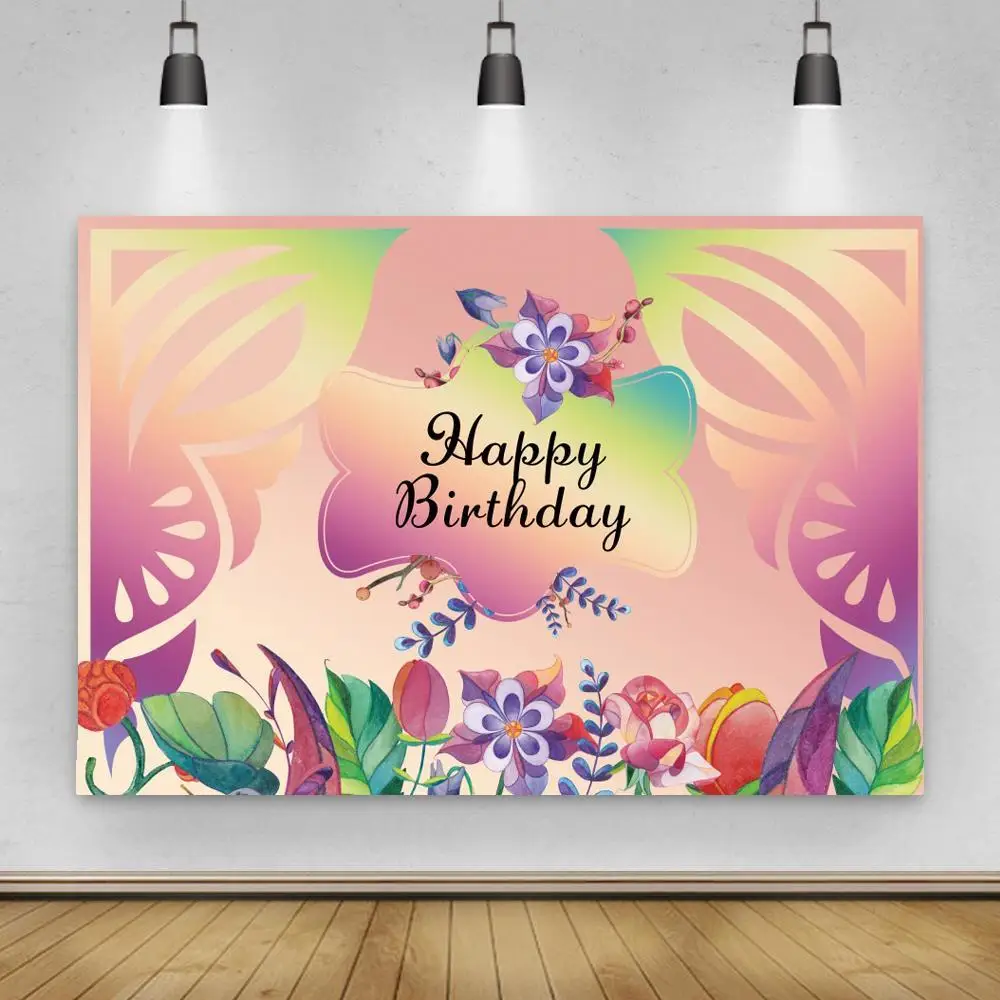 

Colorful Cartoon Flowers Natural Spring Kids Birthday Backdrops Text Customize Butterfly Beauty Girl Party Backgrounds Decor